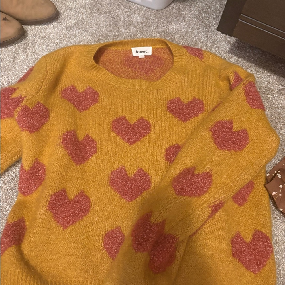 Ameci Mustard Yellow Heart Pattern Sweater